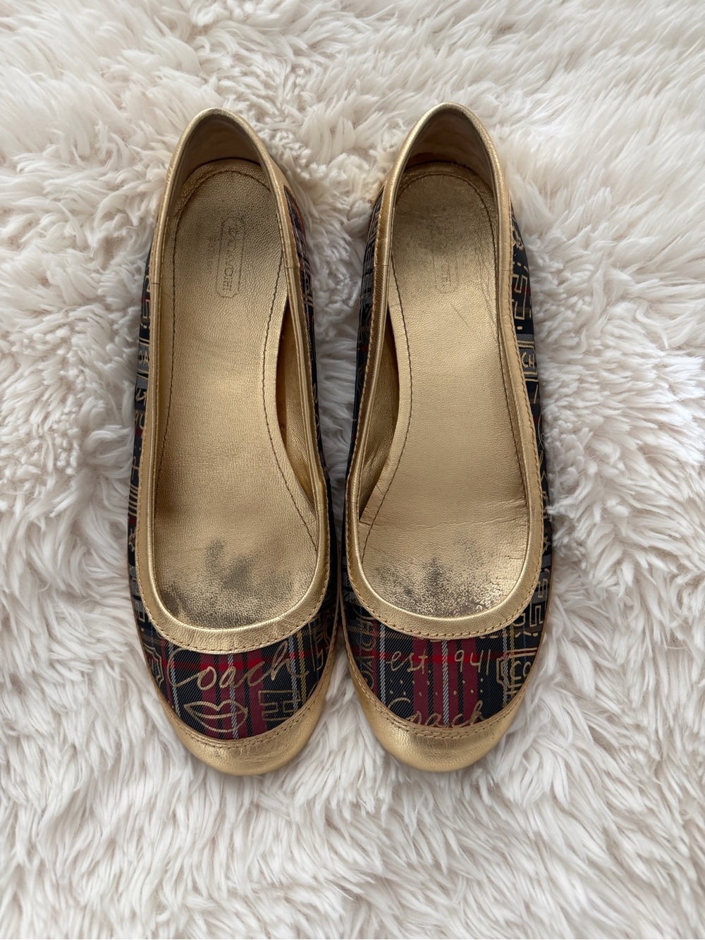 Coach Metallic Gold-Trim Signature Script Ballet Flats